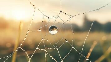 Delicate spiderweb hangs with water droplets. Dawn sunlight shines on the field behind. Dew clings to the web threads in morning light. photo