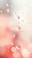 Clear water drops cling to a glass surface, soft pink light shines through the bokeh shapes in background. photo