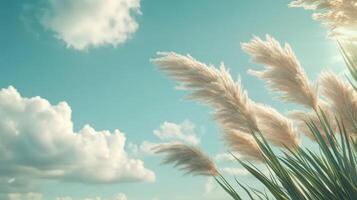 Tall grass sways gently against blue sky. White fluffy clouds float above in soft sunlight. Natural scene creates tranquil atmosphere on breezy day. photo