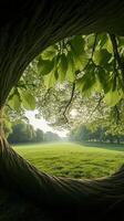 Tree trunk frames open green meadow. Sunlight filters through leaves in park. Fresh grass and distant trees visible through natural circle. photo