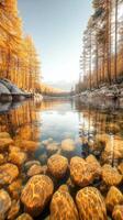 Autumn trees reflect in clear water over rocks. A mountain range is visible in the distance through a wooded river valley. photo