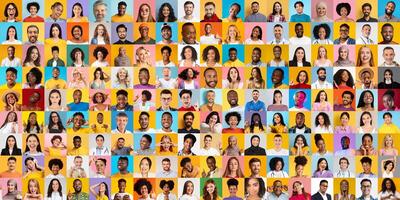 A vibrant collage showcases numerous portraits of individuals from different backgrounds, highlighting unity in diversity. Each face reflects unique stories and experiences. photo