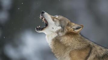 A wolf howls loudly, showcasing its powerful presence in a snowy landscape. photo