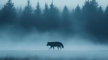 A solitary wolf strolls amidst dense fog in a tranquil forest setting during early morning. photo
