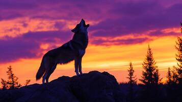 A wolf stands atop a rock, howling as the sun sets, creating a beautiful purple and orange sky. photo