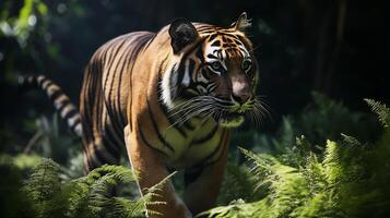 A striking tiger moves through dense jungle foliage, showcasing its beauty and power. photo