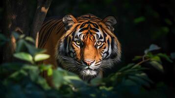 A striking tiger emerges from dense foliage, showcasing its vibrant stripes in low light. photo
