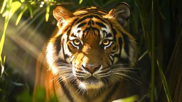 A tiger glances through thick foliage, its vivid fur and sharp eyes illuminated by sunlight. photo