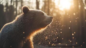 A bear shakes off water as it enjoys a sunset in a peaceful forest. photo