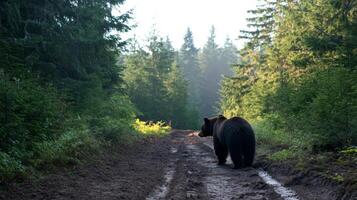 A grizzly bear wanders along a muddy trail surrounded by lush green trees in the morning light. photo