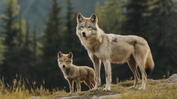 A pair of wolves, one adult and one juvenile, are observing their surroundings in a forest. photo