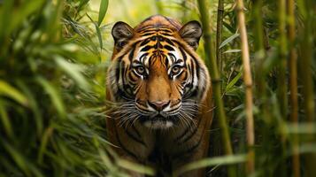 A fierce tiger stealthily moves through tall grass, blending in the morning light. photo