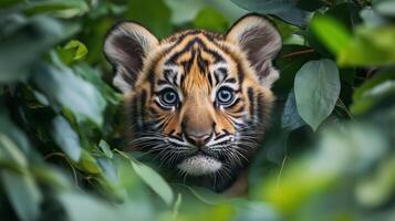 A playful young tiger peers through dense green leaves, showcasing its vibrant eyes in nature. photo