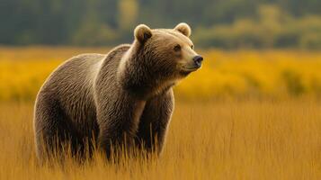 A grizzly bear stands among tall golden grasses in a tranquil setting under a clear sky. photo