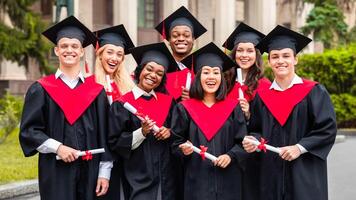 Diverse international students with diplomas celebrating graduation, happy multiracial group of students in graduation caps and robes cheerfully posing at university campus, smiling at camera photo