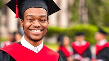 Cheerful african american guy in graduation costume smiling at camera, black man student posing over international group of students at university campus, panorama with copy space photo
