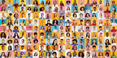 A vibrant collection of portraits features people from various backgrounds smiling and expressing diverse emotions. This lifestyle collage celebrates international unity and individuality. photo