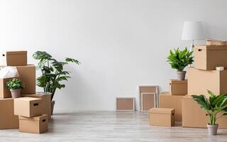 Moving to own home, rent apartment, buy new property and blog about real estate, copy space. House ad and sale. Cardboard boxes with stuff, plants in pots in empty room on gray wall background in flat photo
