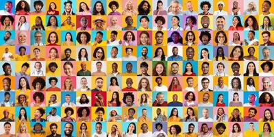 A collage displays a multitude of faces representing various backgrounds, showcasing joy and uniqueness in lifestyle. The vibrant colors emphasize the celebration of diversity in portraits. photo