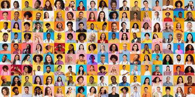 This collection presents a vibrant array of faces showcasing the beauty of diversity. Individuals from various backgrounds share joyful expressions in a cheerful and colorful setting. photo