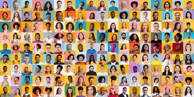 A captivating collection showcases multiracial individuals with various expressions and styles, highlighting the beauty of diversity. Each face reflects unique cultural backgrounds and lifestyles. photo
