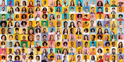 A vibrant collage showcases a diverse group of people from different backgrounds smiling joyfully. Each individual reflects unique lifestyles and cultures, creating a sense of unity and inclusion. photo