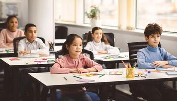 Back To School. Portrait of focused multicultiral pupils sitting with folded arms at desks with social distance, listening to teacher. Diverse junior students working diligently and learning new stuff photo