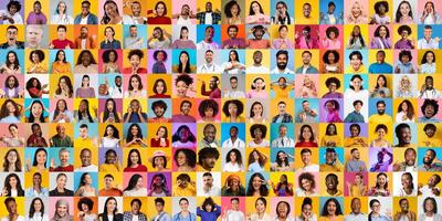 A vibrant collage features a collection of diverse faces from various backgrounds, each expressing different lifestyles and emotions photo