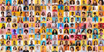 A vibrant collage features an array of diverse individuals representing various cultures and backgrounds. Each portrait expresses joy and connection photo