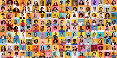 A vibrant collage features a diverse group of people, showcasing a variety of cultures and lifestyles. Each portrait captures unique expressions and styles against colorful backgrounds. photo