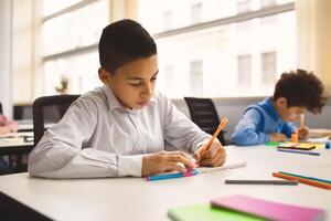 Tuition Concept. Portrait of concentrated small boy sitting at table in classroom, writing or drawing in notebook, doing homework or taking notes during lesson. Reopening and return back to school photo