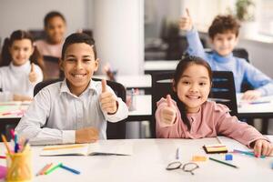 Education Concept. Diverse group of happy smiling international classmates sitting at desk in classroom and showing thumbs up sign gesture, girl and boy enjoying studying at school photo