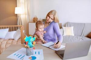 Busy young mother with little baby on her lap having business conversation on mobile phone, taking notes, sitting in front of laptop, home interior, copy space. Working mothers concept photo