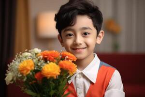 A young boy holding a bouquet of flowers. photo