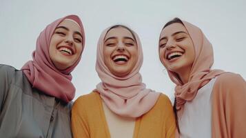 Three women wearing headscarves and smiling photo