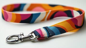 A colorful dog leash with a metal hook photo