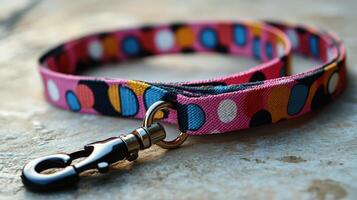 A pink dog leash with colorful polka dots photo