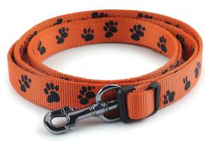An orange dog leash with black paw prints photo