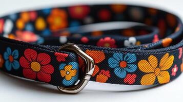 A colorful floral print belt with a metal buckle photo