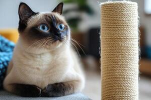 A siamese cat sitting next to a scratching post photo
