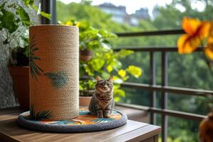 A cat sits on top of a cat scratch post photo