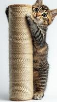 A kitten is standing on top of a large roll of yarn photo