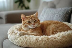 An orange cat laying on top of a fluffy cat bed photo