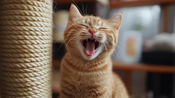 An orange cat yawning while sitting on a cat tree photo