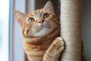 An orange tabby cat is looking up at the window photo