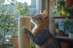 A cat is standing on a scratching post photo