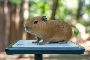 A small guinea pig standing on top of a table photo