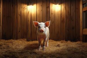 A pig standing in a barn with lights on photo