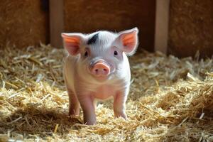A small pig standing in a hay pile photo