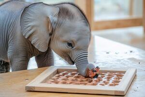 A baby elephant is playing with a wooden puzzle photo